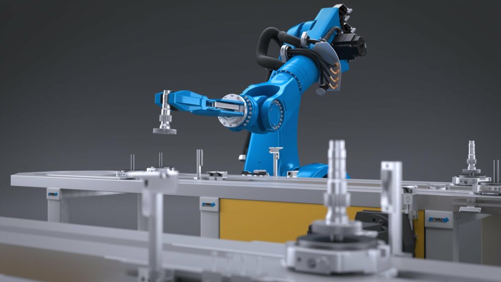 Robot loading part on an EWAB conveyor
